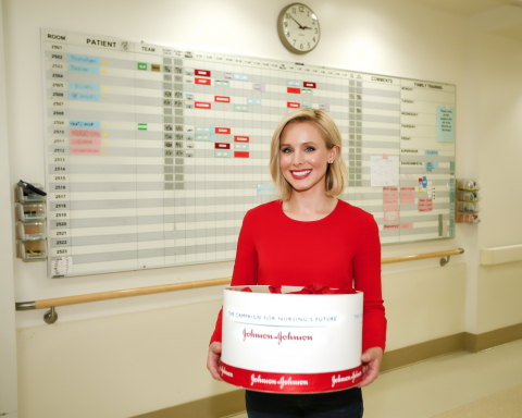 Actress and mother, Kristen Bell partnered with Johnson & Johnson and the Johnson & Johnson Campaign for Nursing’s Future to celebrate National Nurses Week (May 6-12). To honor the millions of nurses and all they do; she surprised the nurses at Providence Saint Joseph Medical Center in Los Angeles and is encouraging everyone to download the Johnson & Johnson Donate a Photo app and share a photo to support nursing student scholarships. (Photo: Business Wire)