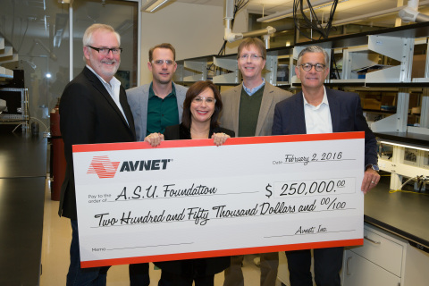 Members of the Avnet Innovation Lab Council presented a check February 2016. From left to right, Wade McDaniel, vice president of supply chain solutions, Avnet, Inc.; Dr. Cody Friesen, ASU Associate Professor and CEO of Zero Mass Water; MaryAnn Miller, senior vice president, chief human resources officer and corporate marketing & communications for Avnet, Inc.; Dr. Kyle Squires, Dean of Ira A. Fulton Schools of Engineering; and Kris Burgoon, vice president of marketing services, Avnet Electronics Marketing. (Photo: Business Wire)
