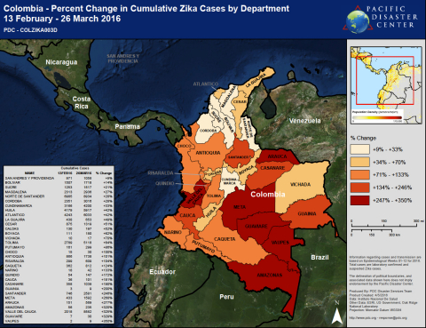 Used in PDC's efforts, the map displays the percent change in cumulative Zika cases by department in Colombia. (Graphic: Business Wire)