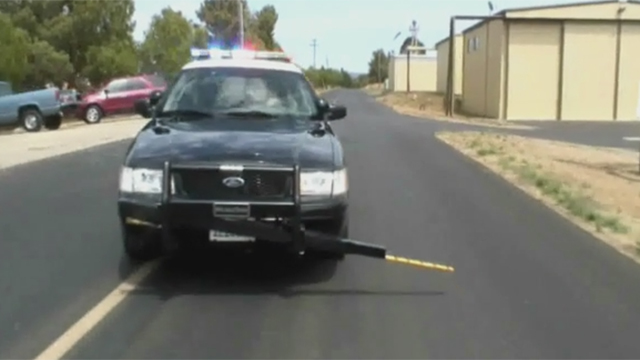 High speed demonstration of MobileSpike's vehicle disablement spike stick technology.