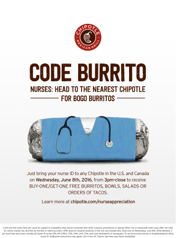 In celebration of nurses, all nurses who show a valid ID at any Chipotle Mexican Grill restaurant on Wednesday, June 8, 2016, can take advantage of a special buy-one-get-one promotion. (Photo: Business Wire)