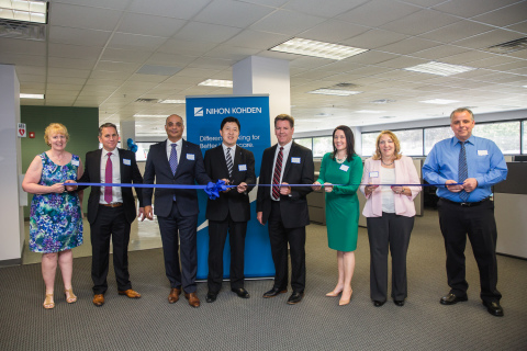 Nihon Kohden holds a ribbon cutting ceremony at its new technical support call center in Allentown. (Left to right: Karen Nazarewych, Mike Stone, Dr. Wilson Constantine, Nihon Kohden America; Eddie Tanaka, Nihon Kohden Corporation; Brian Ross, Governor’s Action Team; Jaime Whelan, Lehigh Valley Economic Development Corp.; Janet Smith, Governor’s Action Team; and Paul Wegener, Nihon Kohden America) (Photo: Business Wire) 