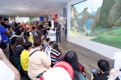 In this photo provided by Nintendo of America, Nintendo fans gather around the 15-foot gaming screen inside the Nintendo NY store on June 14, 2016 to watch the trailer for The Legend of Zelda: Breath of the Wild live-streamed from Nintendo’s booth at this year’s E3 video game trade show in Los Angeles. (Graphic: Business Wire)