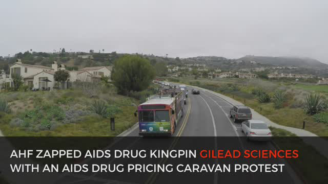 As part of its "Gilead Greed Kills!" advocacy campaign, AHF spearheaded a rolling protest caravan featuring a hearse, a double-deck bus and 40+ cars with "Gilead Greed Kills!" banners and placards targeting Gilead executives and investors at the Goldman Sachs Healthcare Conference in Rancho Palos Verdes, CA June 8, 2016.  The protest included a plane flying back and forth overhead for several hours towing a “Gilead’s Greed Kills!” banner.