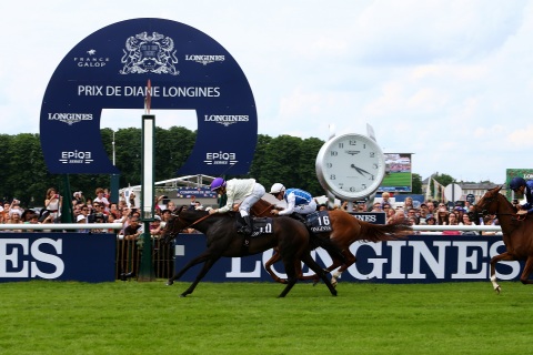 Christian Demuro on La Cressonnière won on June 19, 2016 the Prix de Diane Longines, the world's best race for fillies, which was timed by the Swiss watchmaker, being also the Title Partner and Official Watch of the event for the 6th time (Photo: Business Wire)