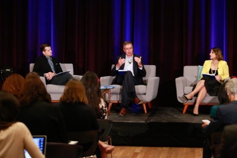 Josh Stoffregen, VP, Global Communications at Prudential Financial, Kent Sluyter, CEO of Prudential  Individual Life Insurance & Prudential Advisors; and Glennda Testone, The Center Executive Director, speak at the Prudential 2016/2017 LGBT Financial Experience launch at The Center on Thursday, June 23, 2016, in New York. (Mark Von Holden/ AP Images for Prudential) 

