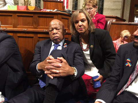 Rep. Kelly shares a photo with Rep. Lewis during House Democrats sit-in on U.S. House floor on June 22, 2016. She tweeted, "6 hours+ into the gun violence sit-in w/ @repjohnlewis. We will #holdthefloor until we get a vote #NoBillNoBreak"