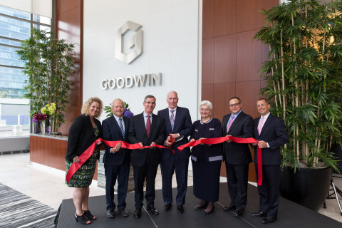 Ribbon-cutting ceremony at Goodwin's new 100 Northern Avenue office in Boston's Seaport District. Left to Right: Goodwin's Chief Administrative Officer Michelle Duerr-Condia, Partner Alexander Randall, Chairman David Hashmall, The Fallon Company CEO Joe Fallon, Goodwin's Chairman Emeritus Regina Pisa, Boston Office Chair Andrew Sucoff, and Chief Operating Officer Michael Caplan. (Photo: Goodwin)