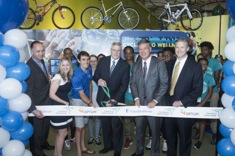 Connecticut Science Center and UnitedHealthcare officials are joined by local summer camp students for the official ribbon-cutting at the center's new "Cycling to Wellness" exhibit. L to R: Matt Fleury, Connecticut Science Center president and CEO; Melissa Reilly of UnitedHealthcare; Matthew Busche, member of the UnitedHealthcare pro cycling team; Stephen Farrell, CEO of UnitedHealthcare of New England; Jim Bedard, CFO of UnitedHealthcare of New England; and Craig LaFiandra, UnitedHealthcare vice president (Photo: Alan Grant).