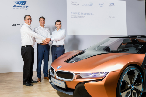 Intel CEO Brian Krzanich (from left), Chairman of the Board of Management of BMW AG Harald Krüger and Mobileye Co-Founder, Chairman and CTO Professor Amnon Shashua speak at a news conference in Munich, Germany, on Friday, July 1, 2016. They are announcing a partnership among BMW Group, Intel and Mobileye to work together with the goal of bringing highly and fully automated driving into production by 2021. (Credit: BMW Group)