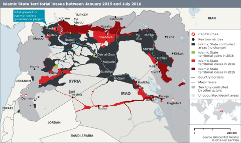 Islamic State territorial losses between January 2015 and July 2016 (Photo: IHS Conflict Monitor)