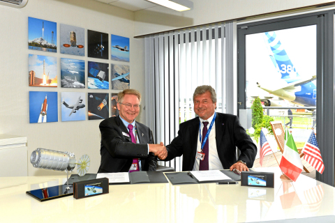 David W. Thompson, President and Chief Executive Officer, Orbital ATK (left) and Walter Cugno, Vice President, Exploration and Science, Thales Alenia Space (right) sign a new contract extending the business relationship between both companies for upcoming cargo resupply missions to the International Space Station. Photo Credit: Thales Alenia Space