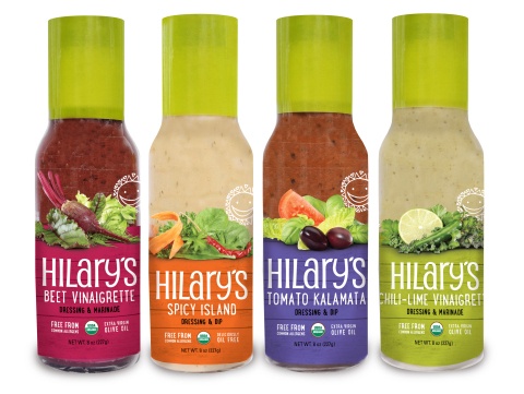 Hilary's new dressings: Beet Vinaigrette, Spicy Island Dressing, Tomato Kalamata Dressing, and Chili-Lime Vinaigrette (Photo: Business Wire)