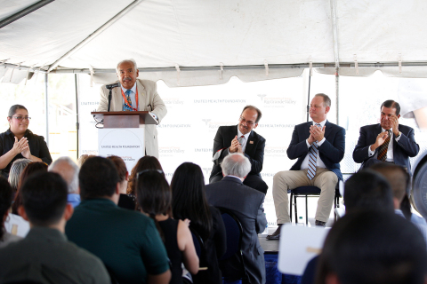 Dr. Francisco Fernandez, professor of psychiatry, neurology and neuroscience, UTRGV School of Medicine, speaks at the July 14 Unimóvil unveiling ceremony as (left to right) UTRGV Provost and Executive Vice President Dr. Havidán Rodriguez; UnitedHealthcare Community Plan of Texas CEO Don Langer; and Sen. Eddie Lucio Jr. (TX-27) look on (UTRGV Photo by Paul Chouy).