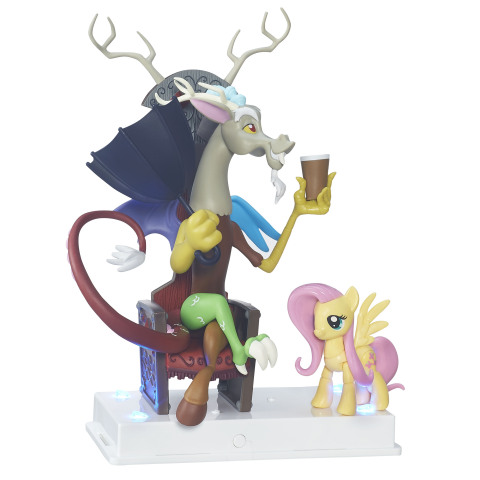 The MY LITTLE PONY DISCORD & FLUTTERSHY Arrangement Figure set includes a mischievous draconequus DISCORD holding an inside-out umbrella and a cup of hot chocolate as he sits on his throne with friend FLUTTERSHY by his side. (Photo: Business Wire)