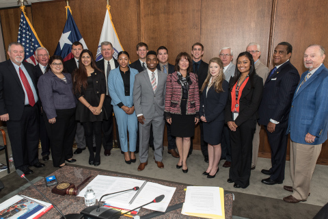 Chairman Janiece M. Longoria (center) and the Port Commission pose with students in the Port of Houston Authority’s Summer Internship program at the July 2016 Port Commission meeting. Chairman Longoria acknowledged the students during the meeting and recognized that the Port Authority takes pride in this “robust program,” as “it is a component of our new strategic plan as the Port Authority prepares for the next generation”. (Photo: Business Wire)
