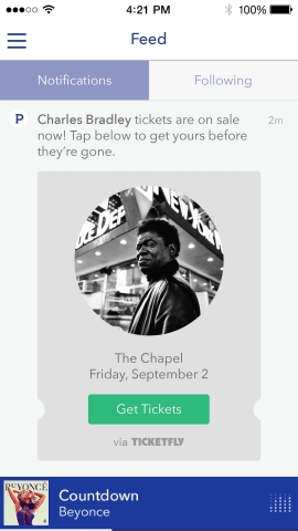 Tap "Buy Tickets" in the Pandora feed to see your favorite artist live. (Photo: Business Wire)