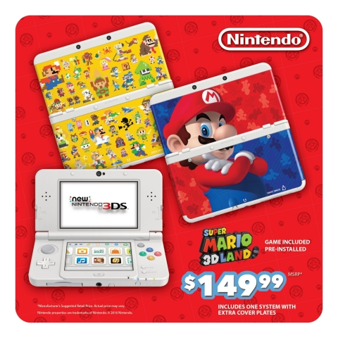On Aug. 26, a New Nintendo 3DS bundle that includes the system, the wildly fun Super Mario 3D Land game pre-installed and two extra interchangeable Mario-themed cover plates (one inspired by Mario and one featuring 8-bit renditions of classic Nintendo characters) will go on sale exclusively at Walmart and Target stores at a low suggested retail price of $149.99. (Graphic: Business Wire)