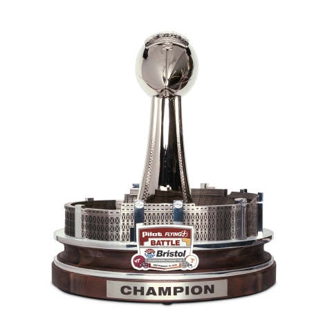 The victor of the Pilot Flying J Battle at Bristol, college football’s biggest-ever game, will be awarded a one-of-a kind, custom-designed trophy that stands just over two feet tall and is nearly as wide. Manufactured by MTM Recognition, it was constructed using multiple sculpting techniques, including the lost wax method, an art that dates back more than 5,000 years. Overall, the prize took more than 300 hours of production to create, including 20 hours of polishing on the football alone. (Photo: Business Wire)