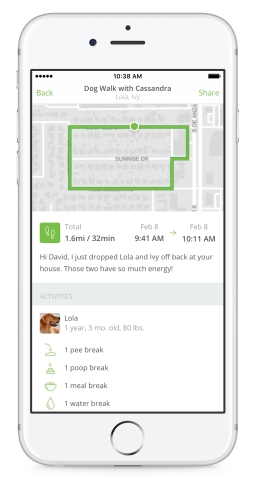 Rover Cards allow pet sitters and dog walkers to easily track and share information with owners, including when they arrived at the home, a GPS map of the dog’s walk, a personal message from the sitter, photos of the dog while in their care, and notes of any bathroom breaks along the way. (Photo: Business Wire) 