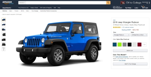 With Amazon Vehicles, customers can now view specifications, images, videos, and customer reviews for thousands of new and classic car models on Amazon.com, including the 2016 Jeep Wrangler. (Photo: Business Wire)
