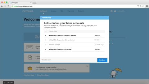 Selected bank accounts are securely connected to the customer's Viewpost account. (Photo: Business Wire)