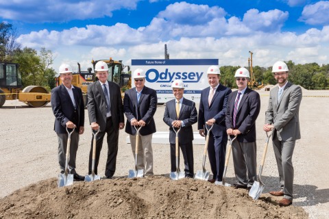 Odyssey Logistics & Technology Corporation (Odyssey) today broke ground on the construction of a new 121,680-square-foot metals trans-load facility in Joliet, Illinois on Aug. 23. Odyssey’s subsidiary CMI Logistics LLC (CMI) will operate the facility. Joining the ceremony from left to right are Patrick K. Kinne, general director, International Marketing, BNSF Railway Company, Rick Rudie, president, Odyssey subsidiary Interdom LLC and head of CMI Logistics LLC, Paul Sever, executive vice president & general manager, CMI Logistics LLC, Cosmo Alberico, chief operating officer and chief financial officer, Odyssey, Jeremy Grey, vice president, Infrastructure & Logistics Development, CenterPoint Properties, Bob Shellman, president & chief executive officer, Odyssey, Alan Bouchier-Hayes, senior financial analyst, CenterPoint Properties. (Photo: Business Wire)