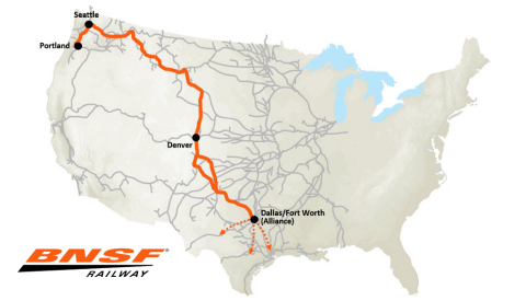 Shippers who move commodities and a wide range of consumer goods between Portland, Ore., or Seattle and Dallas/Fort Worth will now be able to reduce their transit times by up to two days when compared to rail transit time options currently in the marketplace. (Graphic: Business Wire)