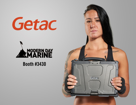 MMA fighter (UFC) Ashlee Evans-Smith holds a Getac V110 convertible notebook computer, which will be on exhibit at the annual Modern Day Marine Expo in Quantico, Va. from September 27-29. Getac will have its entire line of rugged and ultra-rugged notebooks, tablets, and convertibles on display. Ashlee Evans-Smith will bring her own brand of rugged to the show when she signs autographs at the Getac booth on Wednesday, September 28th. (Photo: Business Wire)
