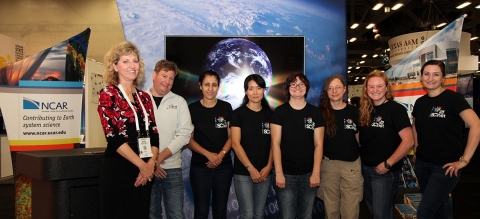 At SC15, Marla Meehl of UCAR and Jason Zuraski of ESnet (at left) and Mary Hester of ESnet (far right) flank WINS participants (from left) Sana Bellamine, CENIC, Measurement Team; Kyongseon (Kathy) West, Indiana University of Pennsylvania, Network Security Team; Amy Liebowitz, University of Michigan, Commodity Team; Debbie Fligor, University of Illinois, Routing Team; and Megan Sorensen, Idaho State University, Wireless Team. (Photo: Business Wire) 