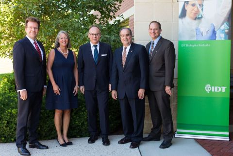 IDT Biologika Corporation President Dr. Ralf Pfirmann (center), IDT Rockville Site Integration Leader Dr. Thomas Richter (far left), and IDT Rockville Site Director Dr. Mike Jenkins (far right) welcome City of Rockville Mayor Bridget Donnell Newton (second from left) and Maryland Department of Commerce Senior Director of Biohealth and Life Sciences Brad Fackler (second from right) to the first-year anniversary celebration of IDT Biologika’s U.S. contract manufacturing facility. Headquartered in Germany, IDT Biologika has nearly 100 years of history and expertise in research, development and manufacturing of biologics for the global protection of human and animal health. The Rockville facility offers custom, end-to-end solutions to support the manufacture of viral and microbial vaccines (live and attenuated), gene and cancer therapies, and therapeutic proteins. - IDT Biologika/Michael Branscom