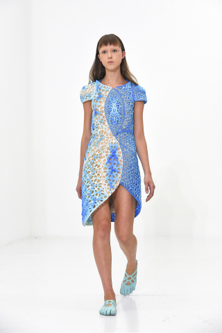 Stratasys 3D printed OSCILLATION dress designed by threeASFOUR in collaboration with Travis Fitch, produced using Stratasys' color, multi-material 3D printing technology. Photo credit: Ben Gabbe