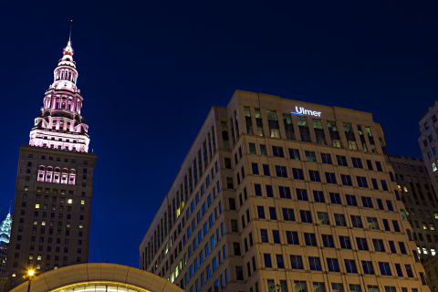 The addition of Ulmer & Berne's new logo to the firm's Skylight Office Tower headquarters in downtown Cleveland makes the firm a prominent fixture on the city's skyline. (Photo: Business Wire)