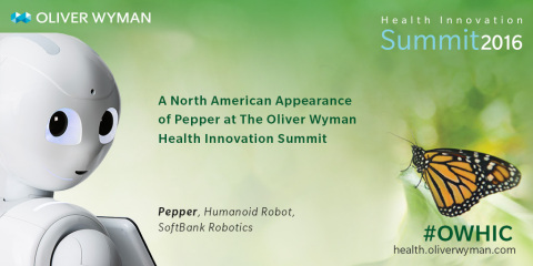 Pepper, the humanoid robot from SoftBank Robotics, will make one of its first North American appearances at a healthcare industry event at the Oliver Wyman Health Innovation Summit in Chicago on September 22. During an interactive session, Pepper will help the audience understand how human facing robots will help change healthcare (Graphic: Business Wire)