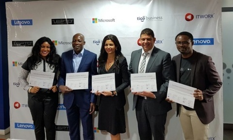 At the Signing Ceremony from left : Shadrak Qturo - Lenovo West Africa Rep. , Derek Appiah - Ghana Country Manager at Microsoft, Roshi Motman- CEO of Tigo business, Karim Assem- Africa Regional Manager at ITWORX, Maapa Quansah- Acting GM at Zepto (Photo: ME NewsWire)