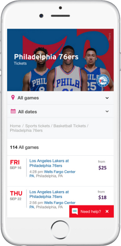 StubHub's new Philadelphia 76ers ticketing platform. (Photo: Business Wire)	