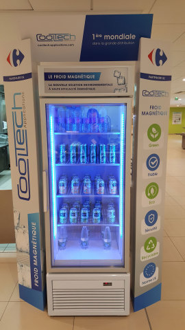 Cooltech's magnetic cooling display cabinet at Carrefour's head office restaurant (Photo: Business Wire)