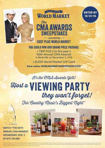 Cost Plus World Market to Send One Lucky Winner and Guest to “The 50th Annual CMA Awards” on November 2, 2016 (Graphic: Business Wire)