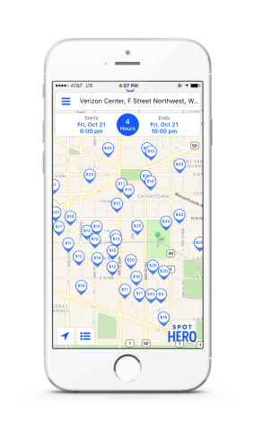 SpotHero currently offers 30 parking locations within a 10 minute walk of Verizon Center, with savings of up to 50% off. (Graphic: Business Wire)