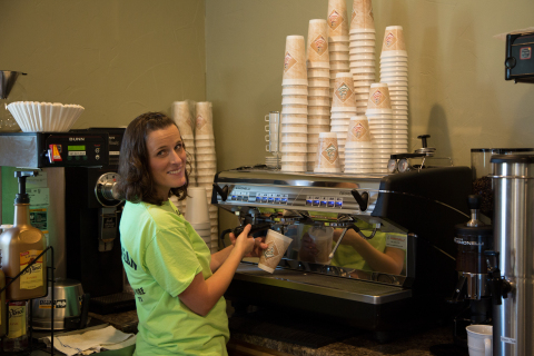 The Buckin' Bean in Clarendon, Texas, is the only coffee shop in town. The store opened August 29 with a grant from Interstate Bank and the Federal Home Loan Bank of Dallas. Monica Childers (shown) co-owns the shop with her husband, Chris. (Photo: Business Wire)