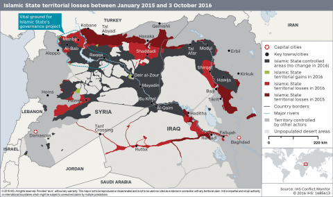 IHS Conflict Monitor: Islamic State territorial gains and losses between January 2015 and October 2016. (Graphic: Business Wire)