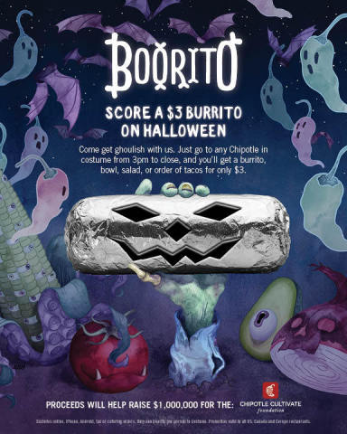Go to any Chipotle in costume from 3 p.m. to close on Halloween and get a burrito, bowl, salad, or order of tacos for only $3. Proceeds will help raised $1 million for the Chipotle Cultivate Foundation. (Photo: Business Wire)