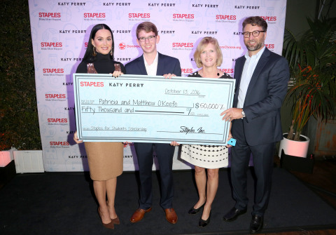 Global superstar Katy Perry and Staples for Students Sweepstakes grand prize winner Patricia O’Keefe and her son Matthew and William Durling of Staples, attend the sweepstakes Winners VIP Celebration on Thurs., Oct. 13, 2016, in Los Angeles. The sweepstakes grand prize included a $50,000 scholarship and a trip to Los Angeles with a guest to meet Katy Perry. In April, as part of the Staples for Students program, Staples partnered with Perry to announce a $1 million donation to DonorsChoose.org. As a result, Staples fulfilled 1,072 classroom projects on DonorsChoose.org, providing 787 teachers and impacting 98,609 students across the country. Additionally, Staples customers donated more than $330,000 to DonorsChoose.org at Staples stores and at www.StaplesForStudents.com throughout the back-to-school season. (Casey Rodgers/AP Images for Staples)