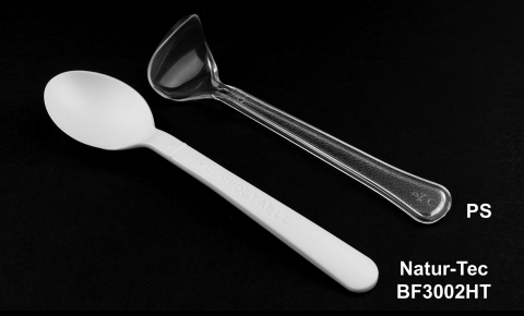 Figure 4 shows the substantial deformation on handle and bowl of the PS spoon, right, compared to the pristine shape of the Ingeo-based spoon, left, after both were compressed in hot water. (Photo: Business Wire)