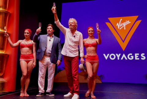 Sir Richard Branson and President & CEO Tom McAlpin unveil Virgin Voyages as the new identity for the company’s cruise line. 
(Photo: Business Wire)