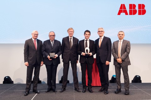 ABB Research Award in Honor of Hubertus von Gruenberg awarded with $300,000 grant, Switzerland’s highest research award, for the first time (from left to right): Peter Voser, Chairman of the ABB Board of Directors; Professor Ronnie Belmans, KU Leuven; Hubertus von Gruenberg, former ABB Chairman; Jef Beerten, recipient of the award, KU Leven; Ulrich Spiesshofer, ABB CEO; Bazmi Husain, ABB Chief Technology Officer. (Photo: Business Wire)