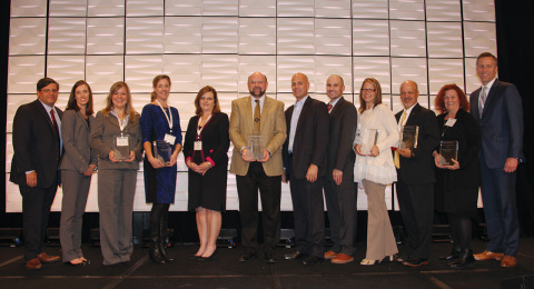 Patrick Vogt, CEO of NRCCUA and Cara Quackenbush, VP of Research at Eduventures are pictured with the 2016 Innovation Awards winners from Colorado Technical University, Leeds School of Business at the University of Colorado–Boulder, Oral Roberts University, Oregon State University, University of South Florida, and Western Governors University. (Photo: Business Wire)