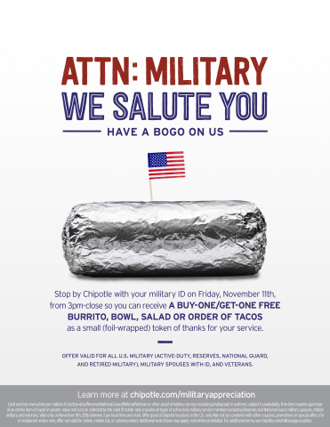 Military and Veterans can receive buy-one-get-one Chipotle on Veteran's Day, Nov. 11, 2016. (Photo: Business Wire)