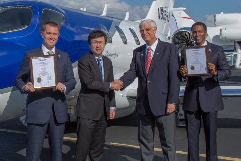 Honda Aircraft Company today announced that the HondaJet has officially secured its first speed records over two recognized courses from Teterboro, New Jersey to Fort Lauderdale, Florida and Boston, Massachusetts to Palm Beach, Florida. (Left to Right: Honda Aircraft Director of Sales, U.S. & Canada, Peter Kriegler, Honda Aircraft President and CEO Michimasa Fujino, National Aeronautic Association President and CEO Greg Principato and Honda Aircraft Regional Sales Manager Glenn Gonzales) (Photo: Business Wire)