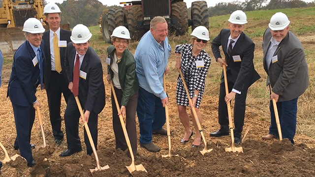 B-ROLL of ceremonial groundbreaking with shovels and hardhats (Video: Kevin Herglotz).